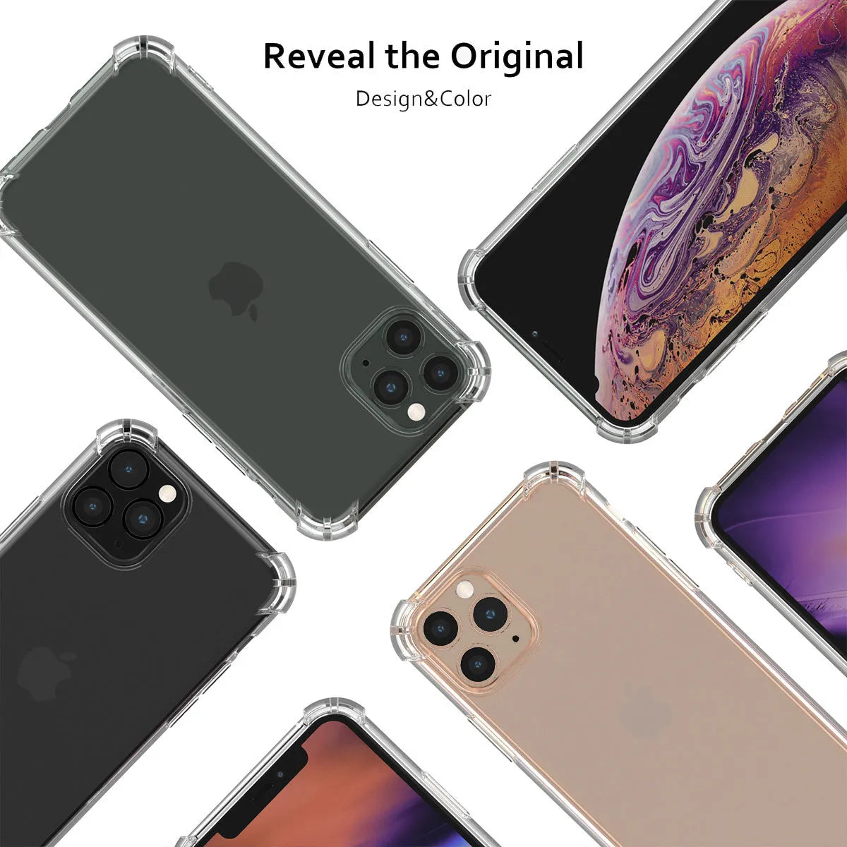 Clear shockproof TPU case for iPhone showing transparent design fitting multiple Apple models