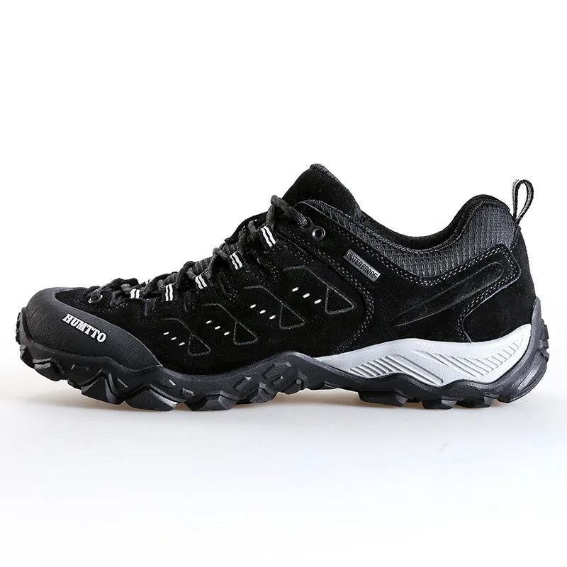 Men's low top waterproof hiking shoes with black rubber sole and EVA outsole, brown colour, spring autumn walking