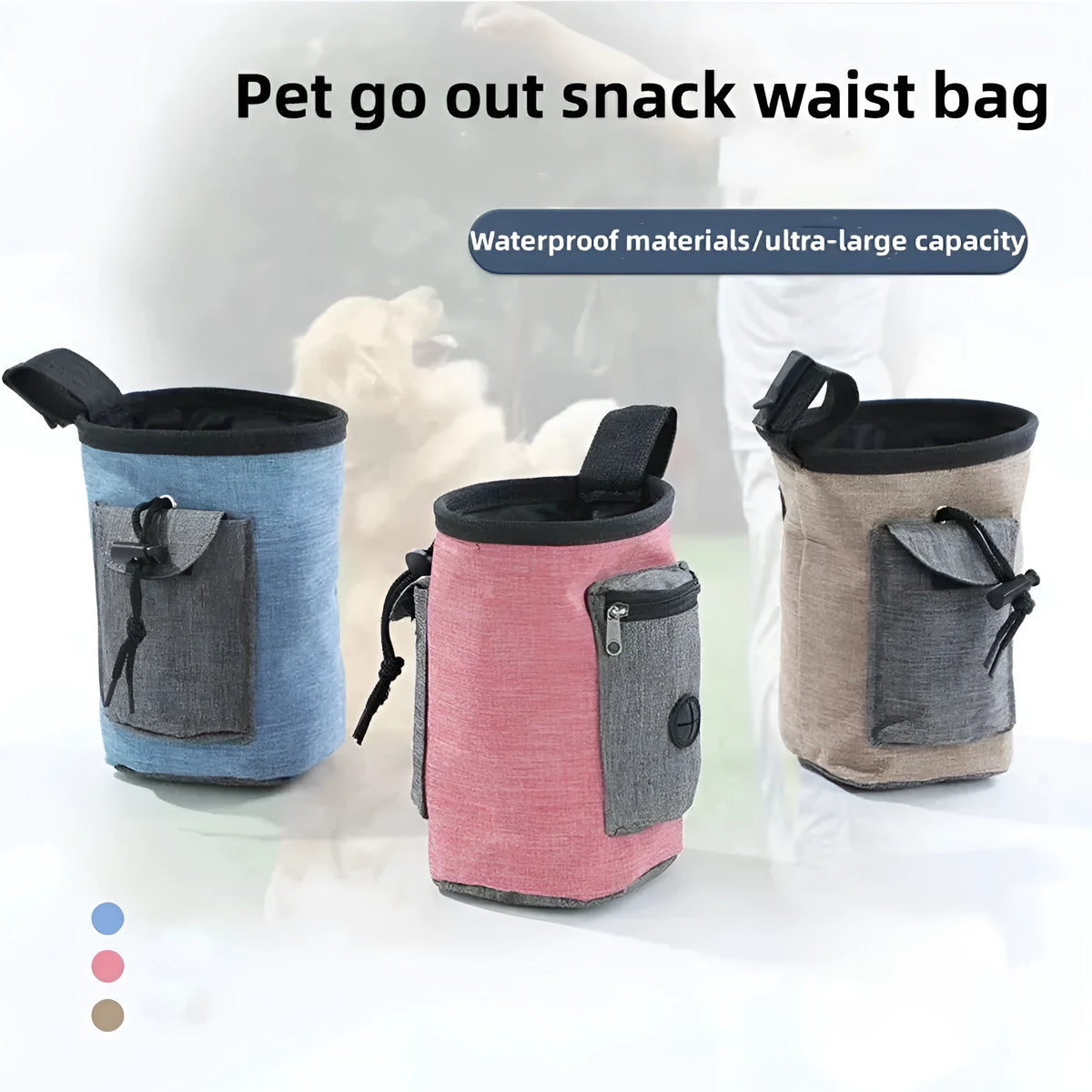 Waterproof pet training waist bag with adjustable belt, dual pockets, and plastic clips in blue colour