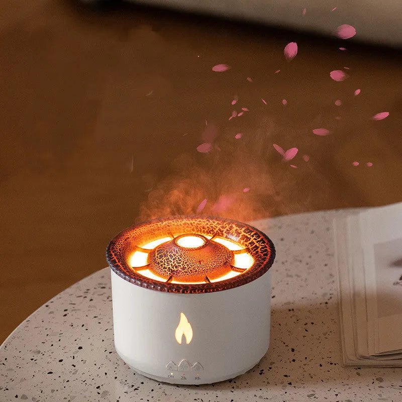 Round white volcano-shaped humidifier with water tank and single fog outlet on wooden surface