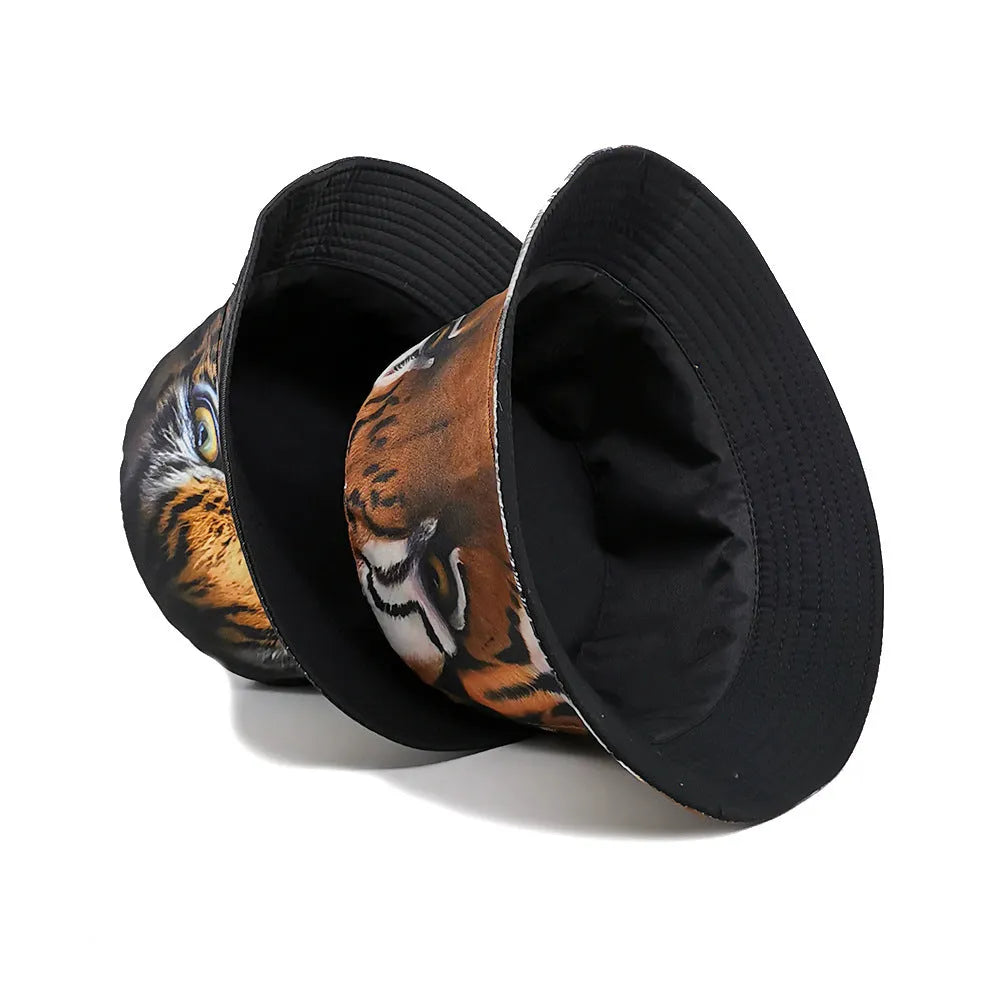 Medium-sized khaki tiger pattern bucket hat with a dome crown on a neutral background.