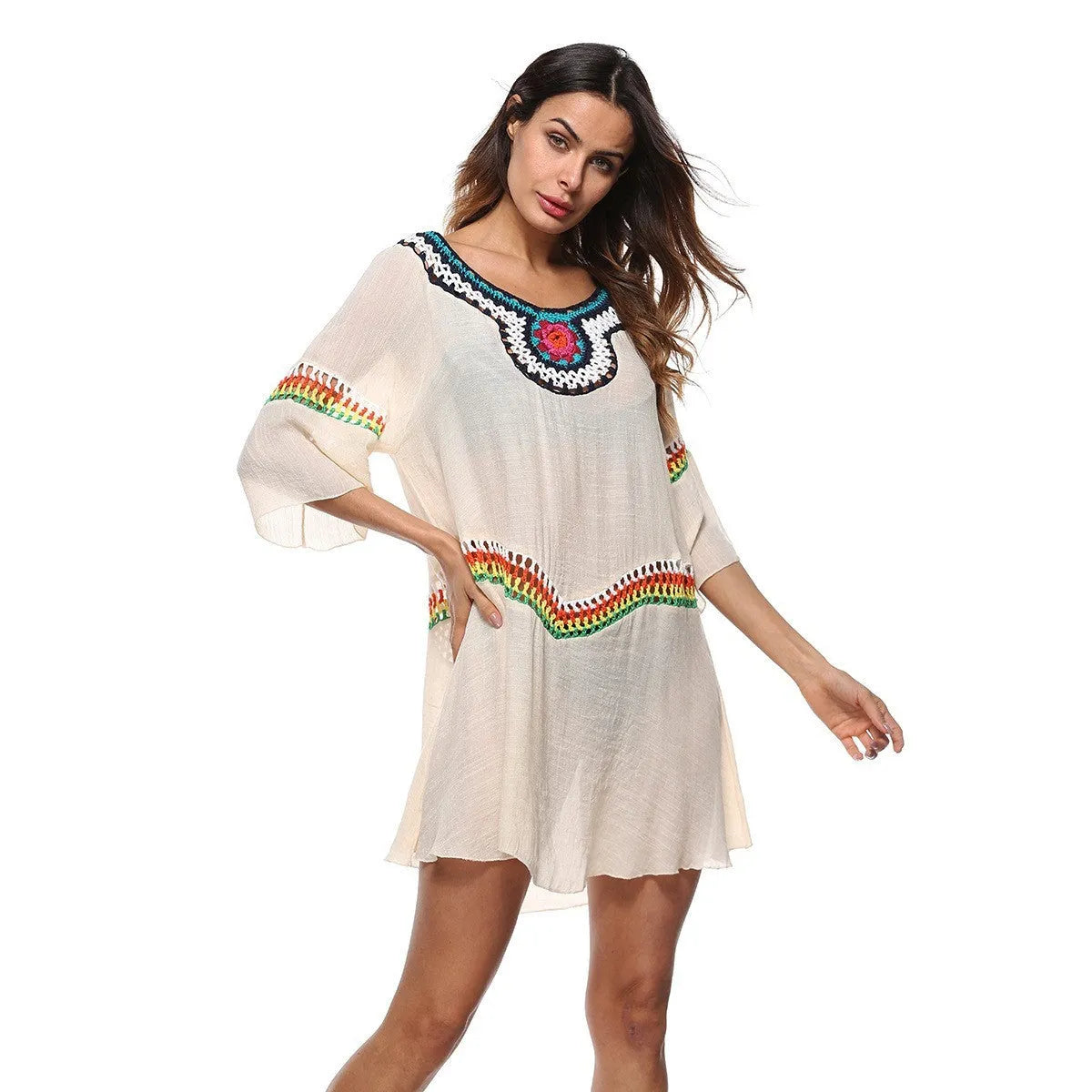 Crocheted ethnic style sun protection clothing for women in apricot colour, made from acrylic fabric for beach use