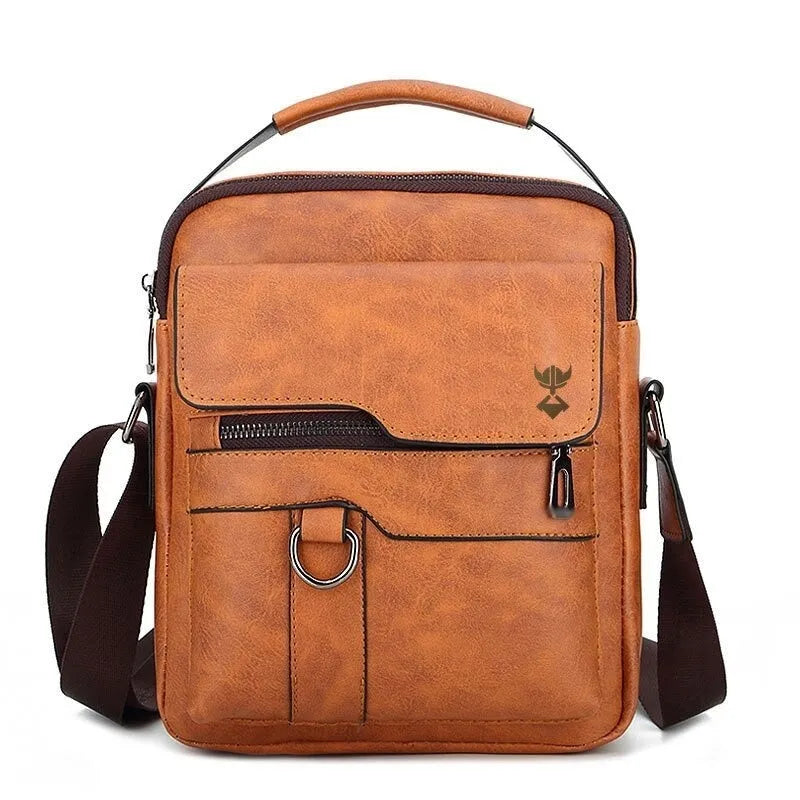 Khaki men's casual shoulder bag with 22x27x8cm dimensions and internal pockets