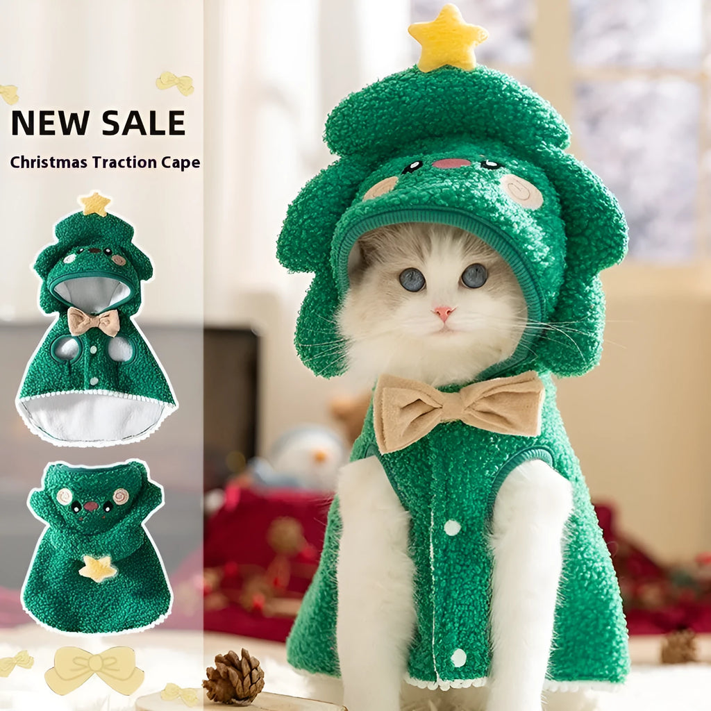 Green polyester cat cloak with cartoon elk design for autumn and winter wear