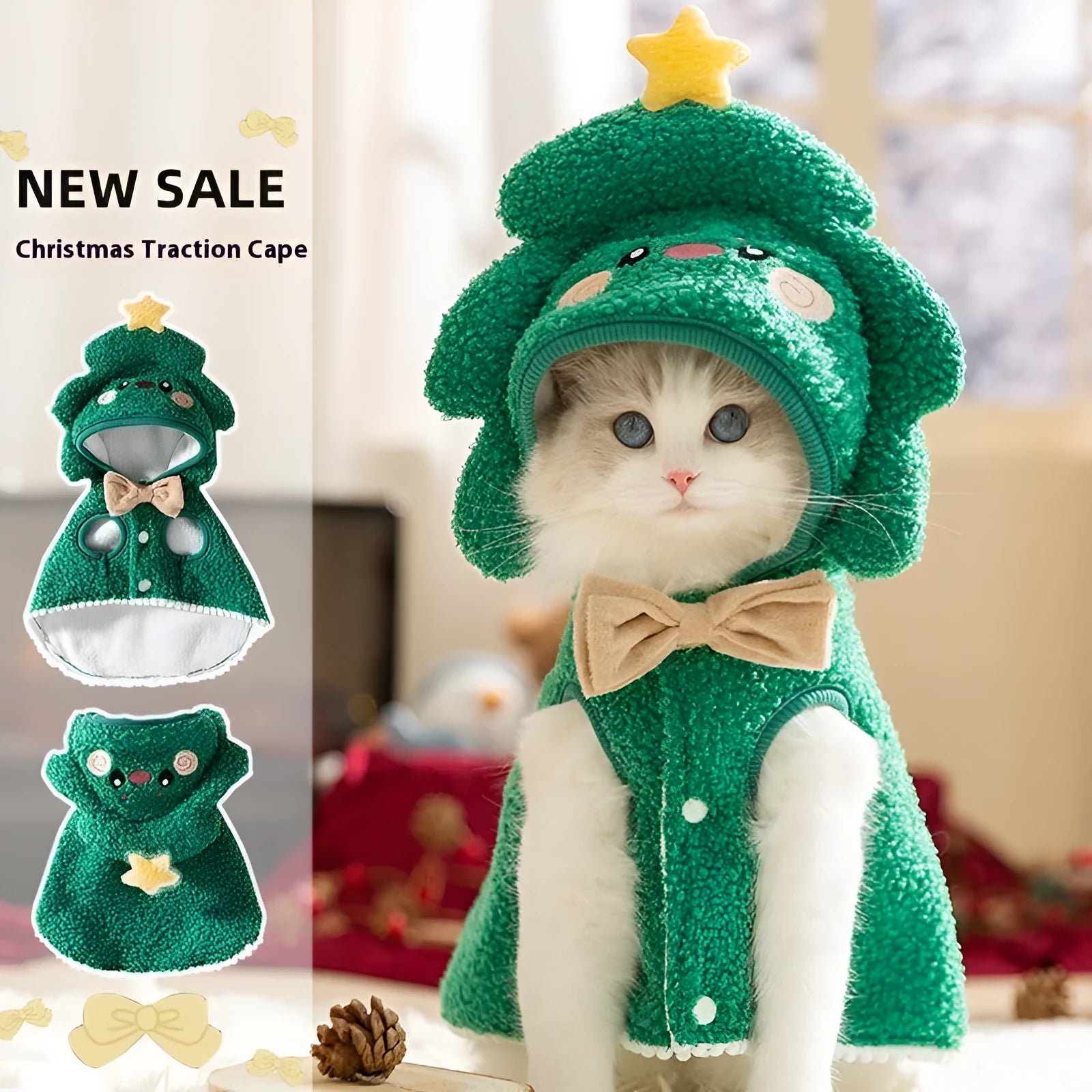 Green polyester cat cloak with cartoon elk design for autumn and winter wear