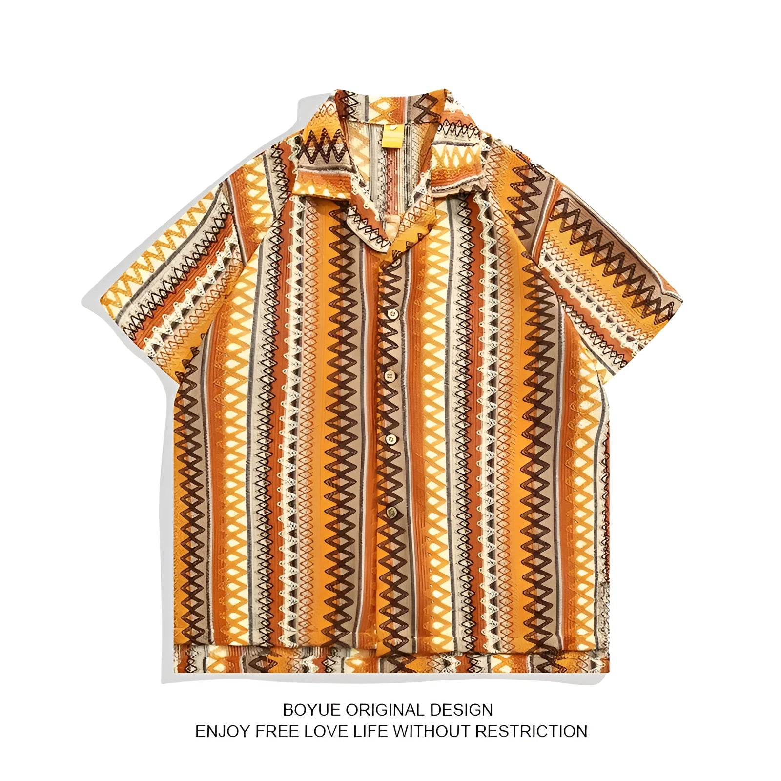 Loose fit ethnic style woven Cuban collar shirt in contrasting colours on a hanger.