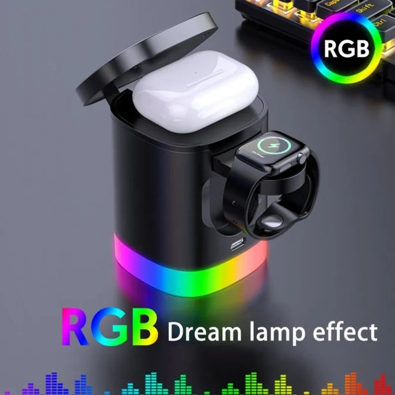 Black 3 in 1 magnetic wireless charging cube showing iPhone, Apple Watch and AirPods charging simultaneously with RGB lights