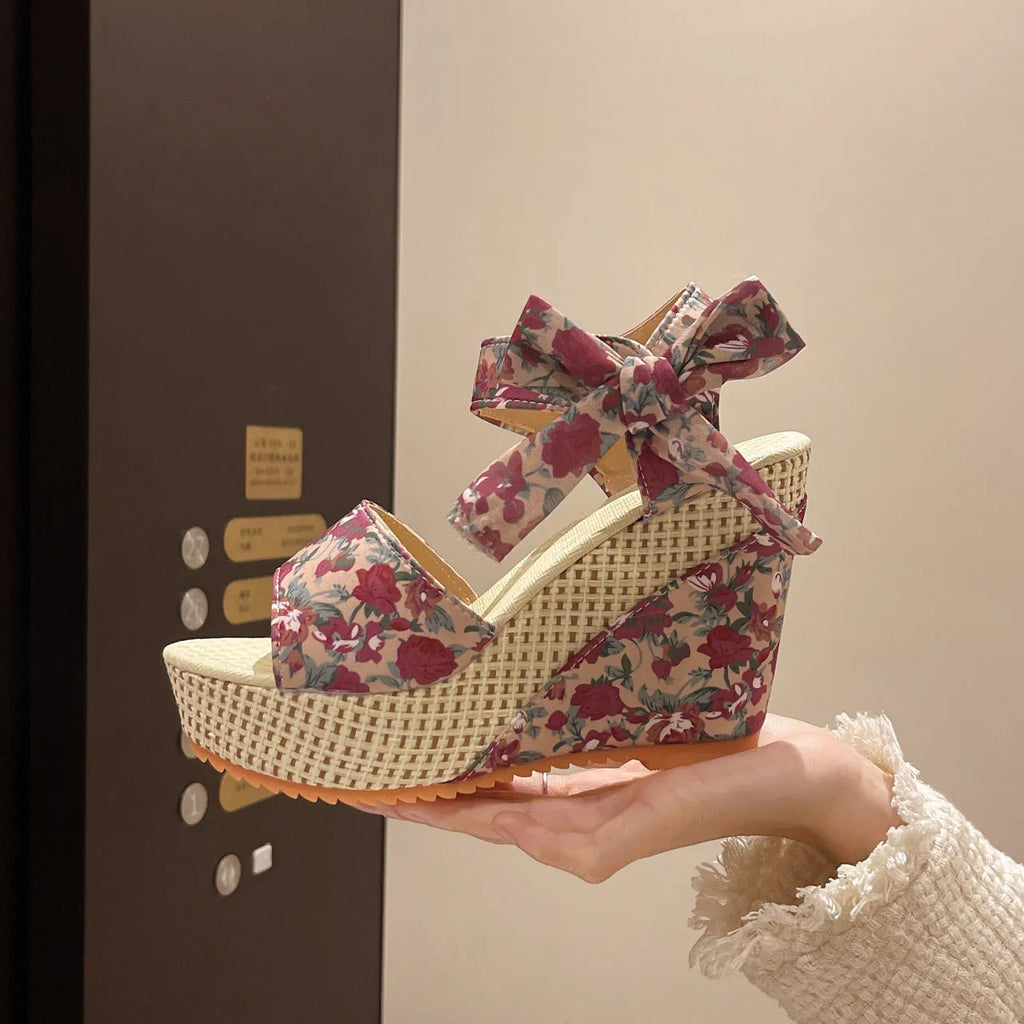 Women's floral wedge peep toe sandals with ankle-strap buckle on rubber sole