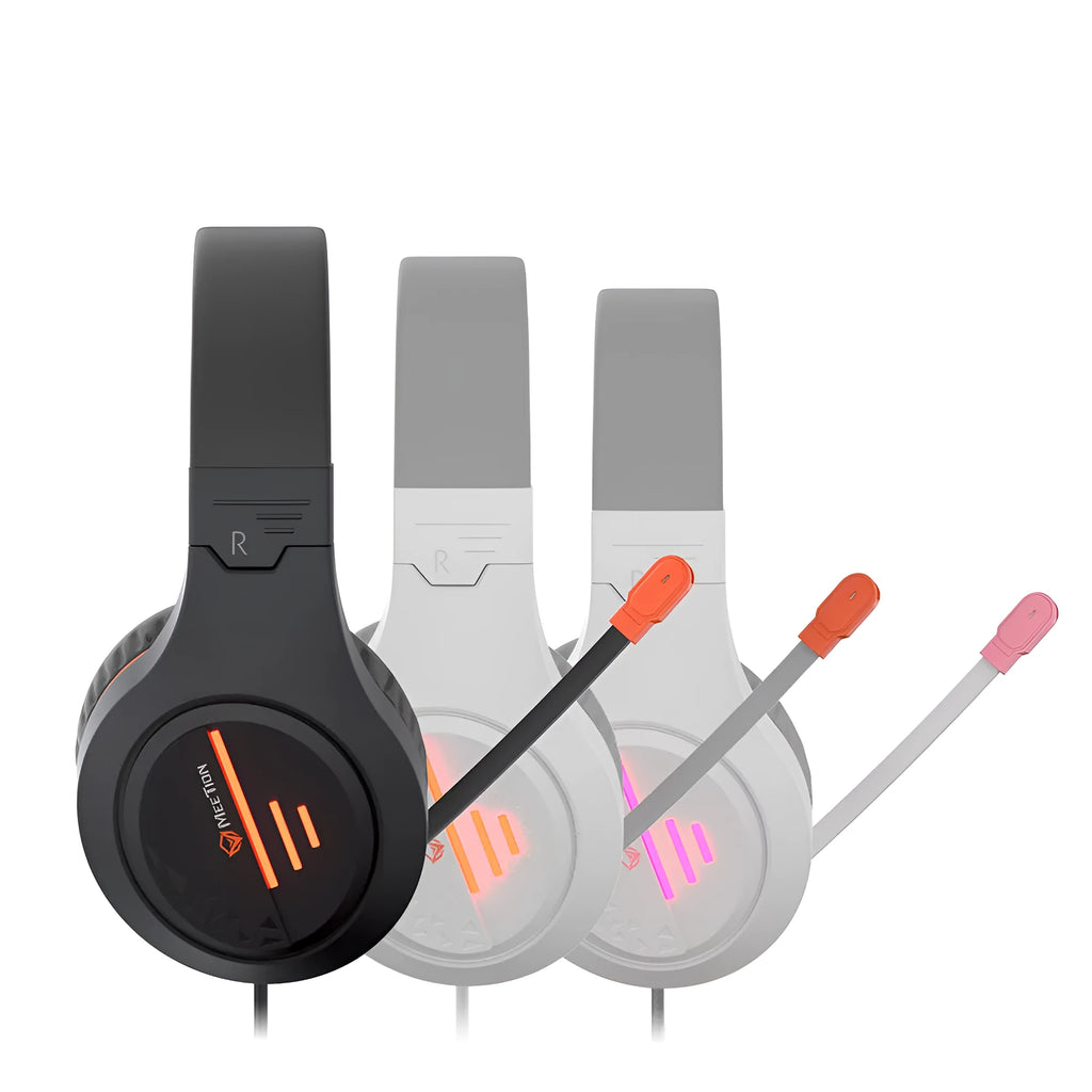 Lightweight wired gaming headset in black orange, white orange or white powder with adjustable headband and 50mm speakers