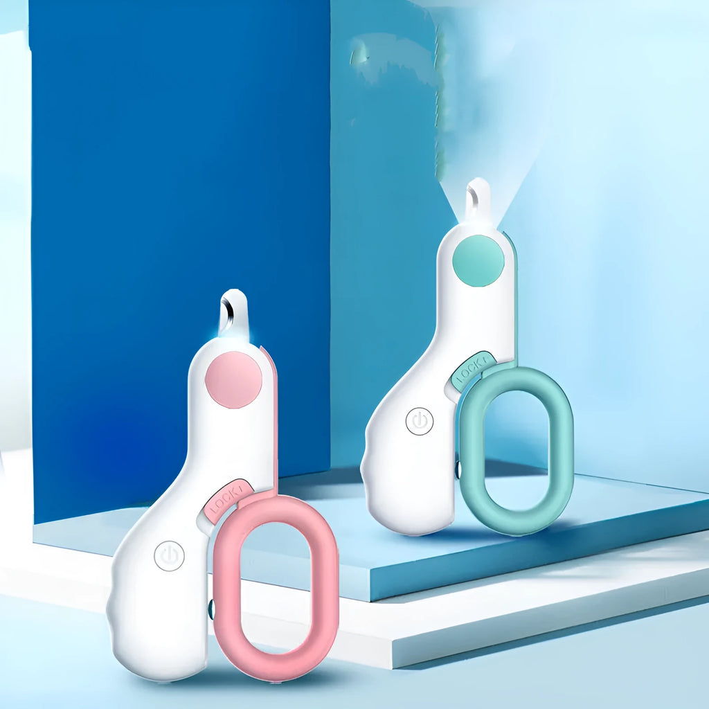 LED pet nail trimmer in blue or pink with built-in light and stainless steel blade for cats and dogs