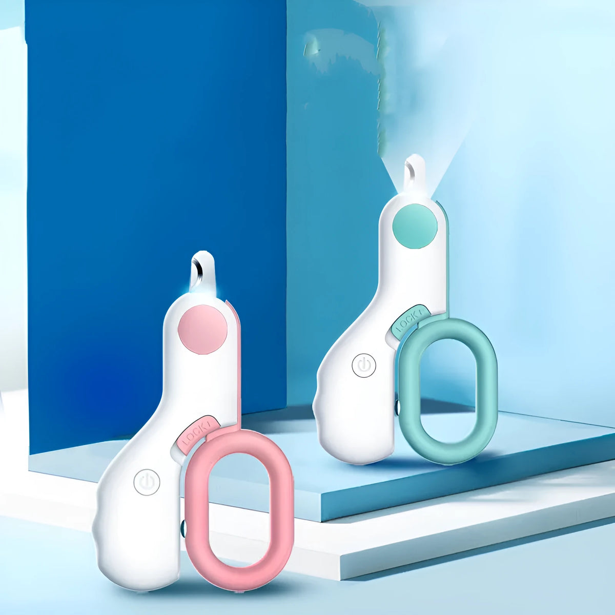 LED pet nail trimmer in blue or pink with built-in light and stainless steel blade for cats and dogs