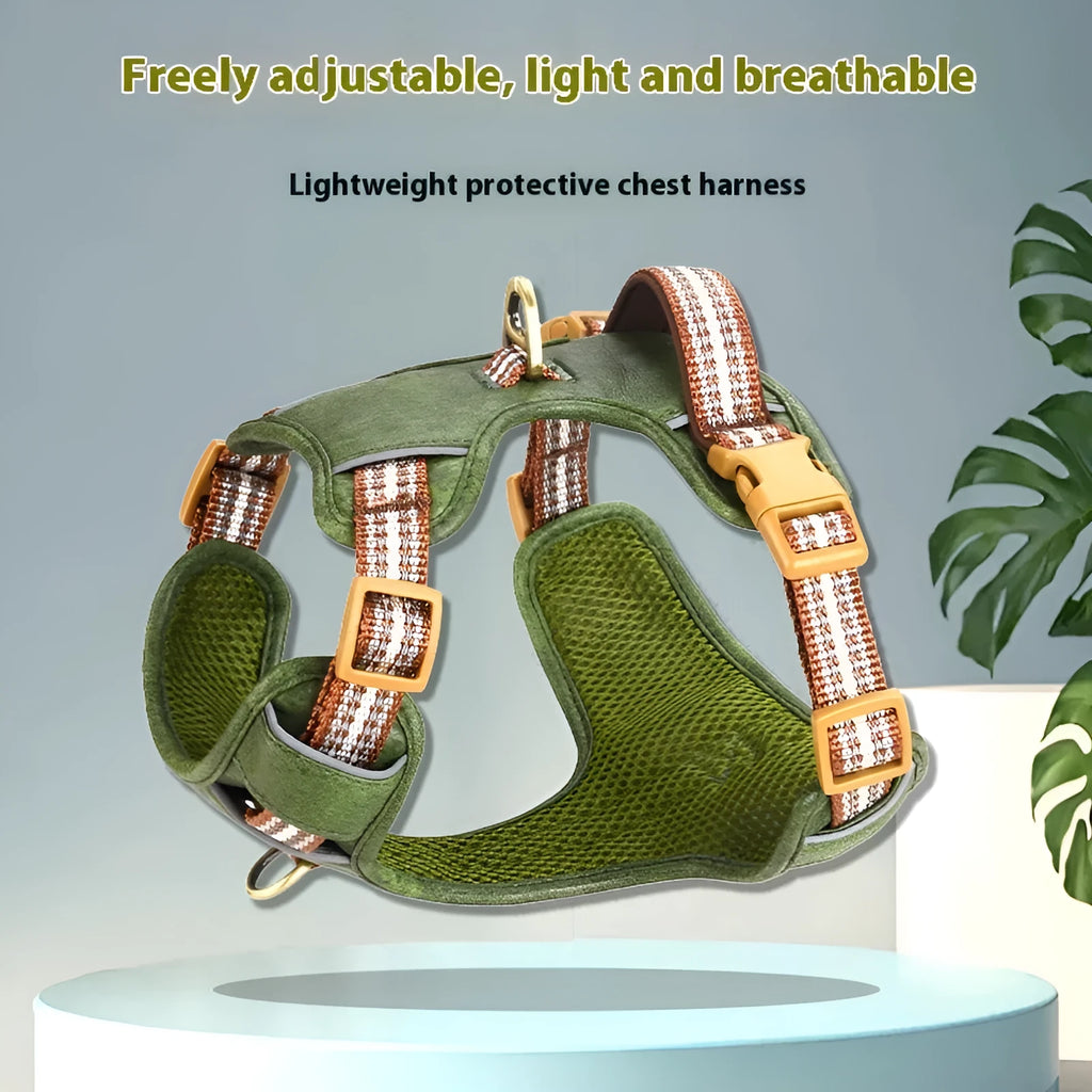 Brown leather dog harness with reflective stitching and explosion-proof D-ring