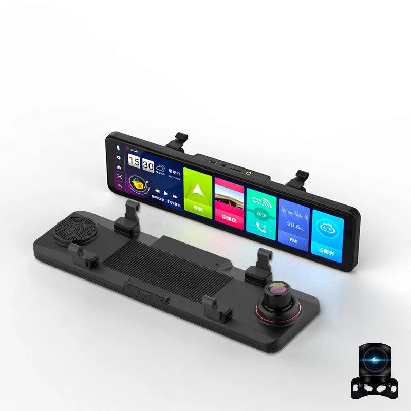 Black dual-channel car dash camera mounted as rearview mirror with touch screen and wide-angle lens
