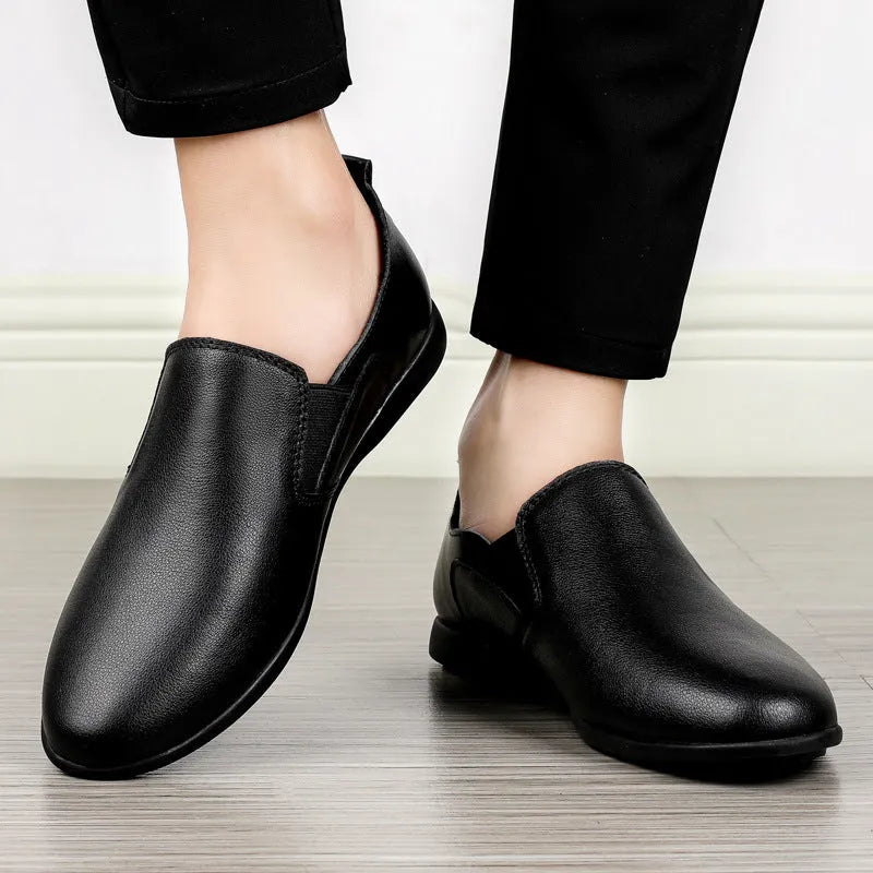 Men's black leather business casual shoes with round toe and breathable construction