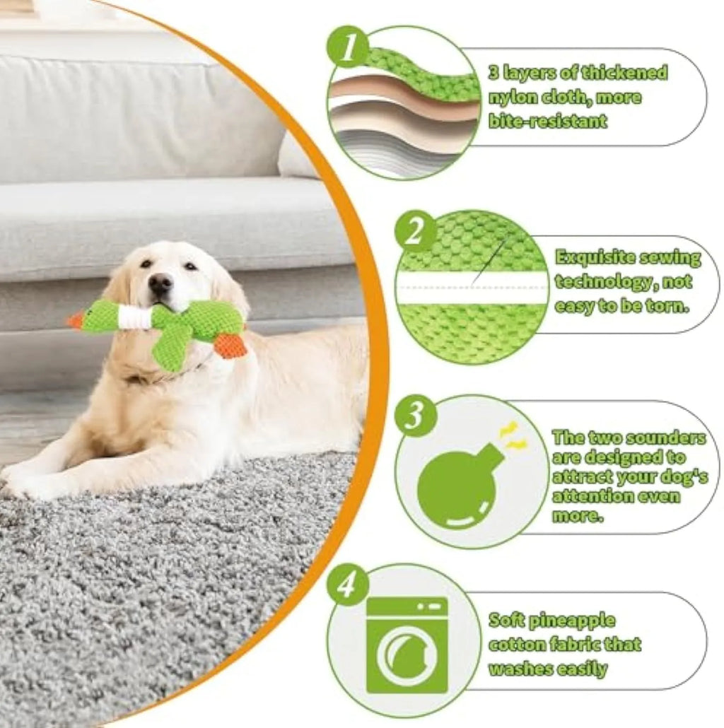 Blue plush duck dog toy with squeakers, measuring 33cm, for chewing and teeth cleaning
