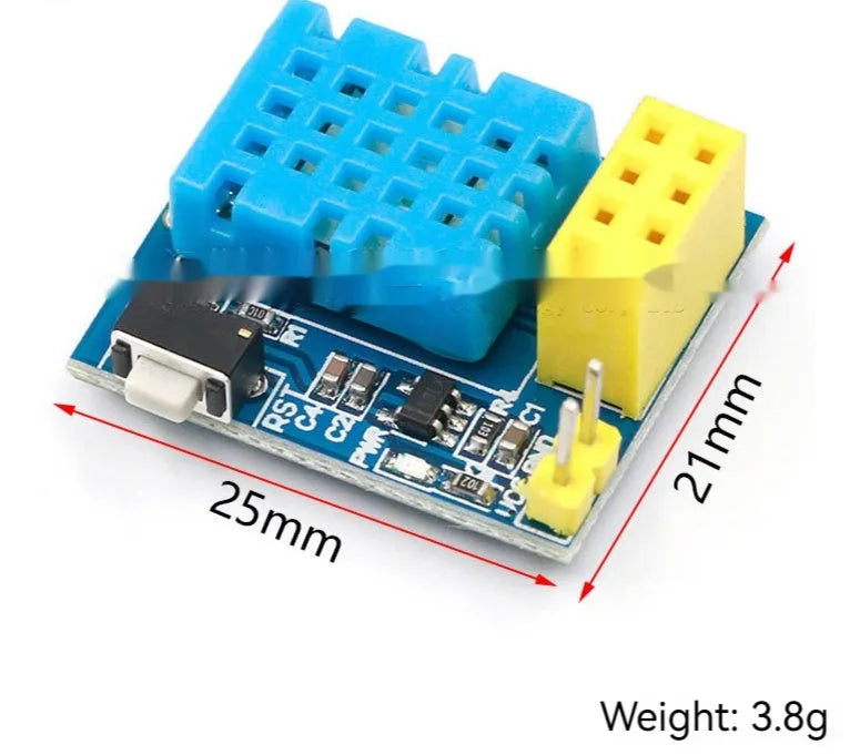Compact WiFi node module with DHT11 temperature and humidity sensor measuring 25mm by 21mm