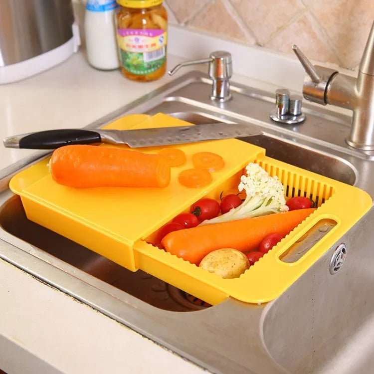 Multifunction kitchen chopping board with integrated sink drain basket in various colour options