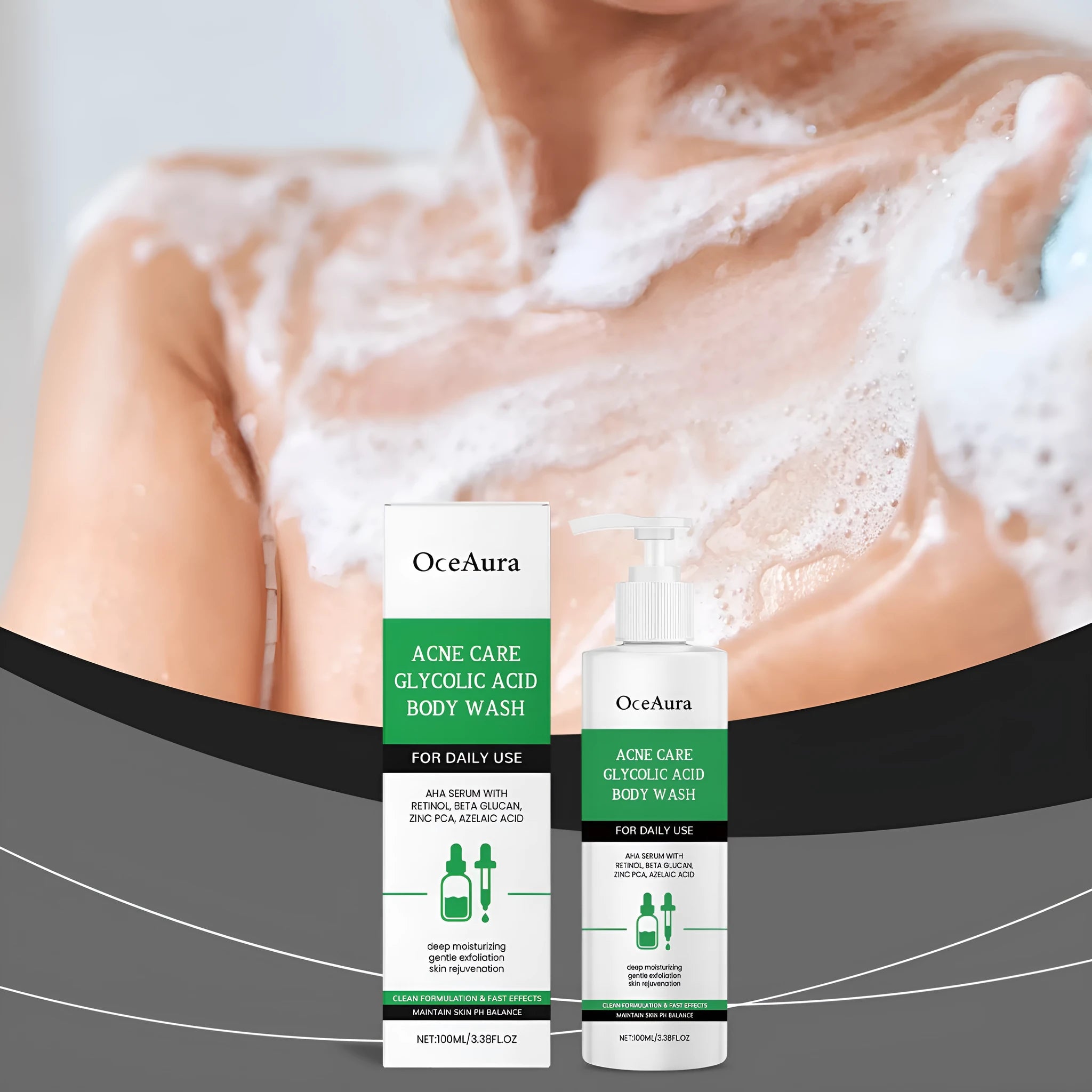 100ml tube of soothing moisturising shower gel with glycolic acid and retinol.