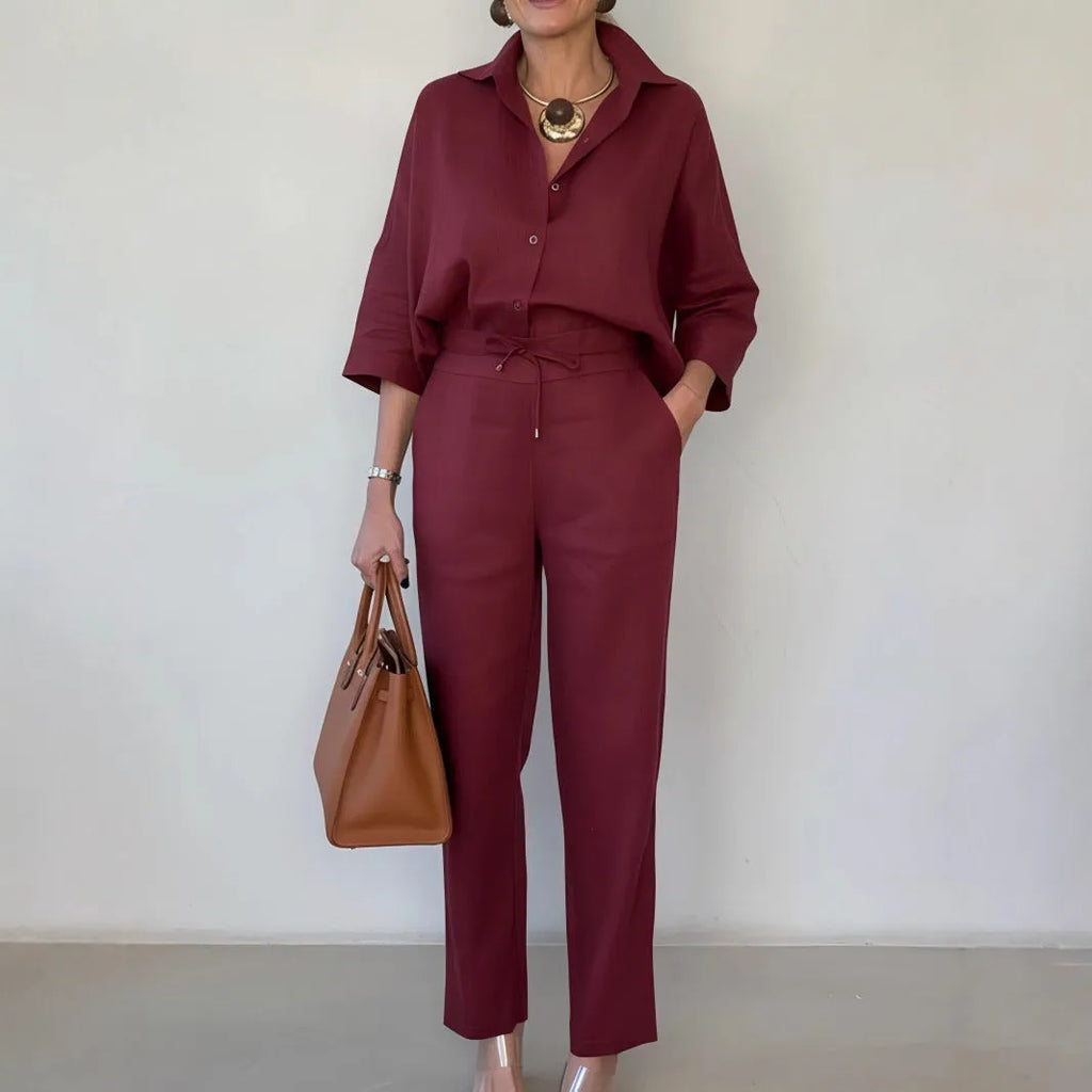 Women's two-piece polo collar shirt and trousers set in solid army green, wine red or orange, sizes S to 3XL