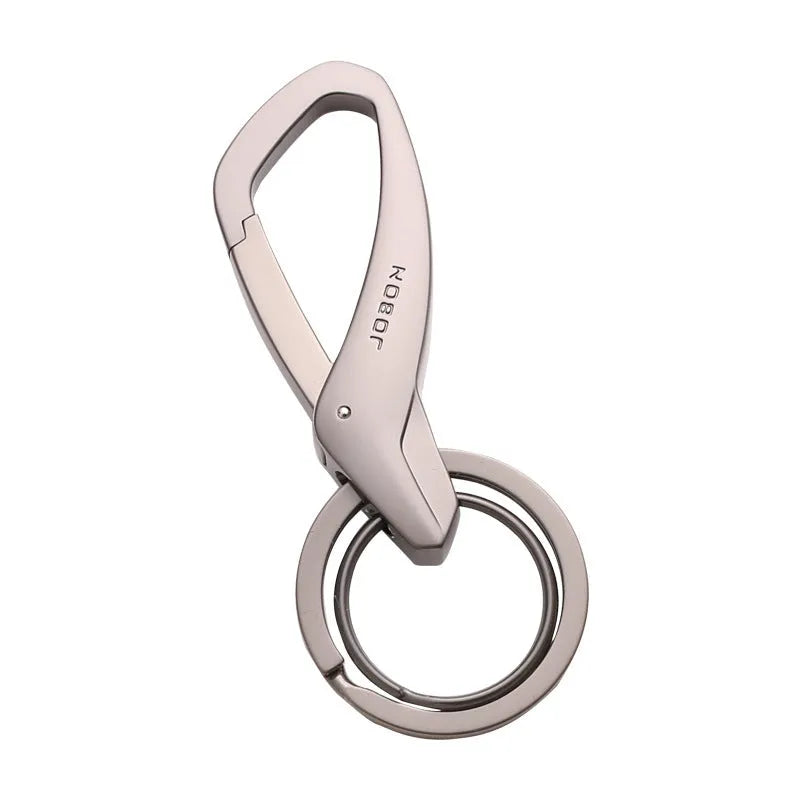Zinc alloy double ring car key chain measuring 8.3x3.5cm in black, chrome, and nickel finishes