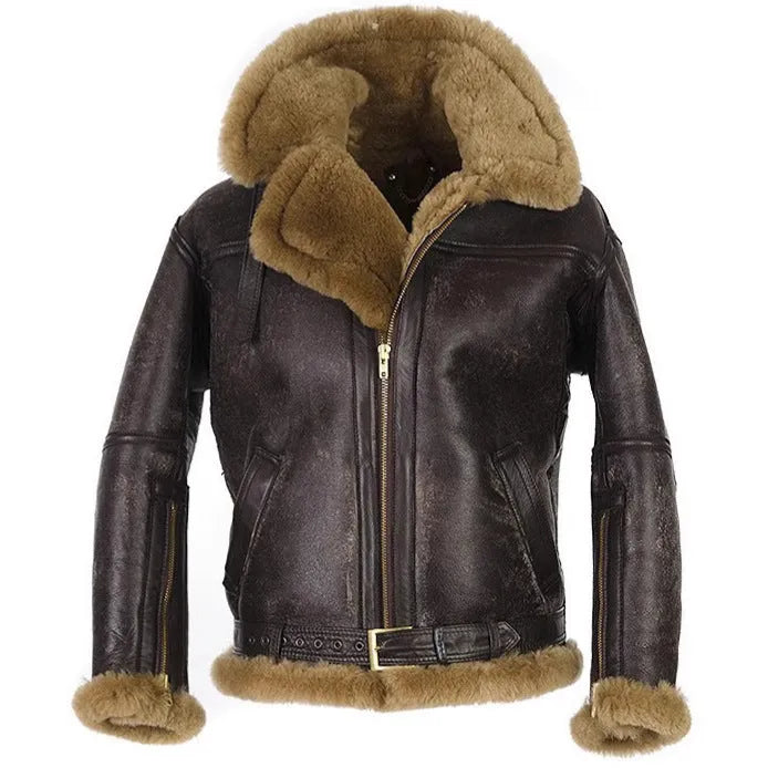Men's brown retro synthetic leather fur coat with side pockets and straight hem