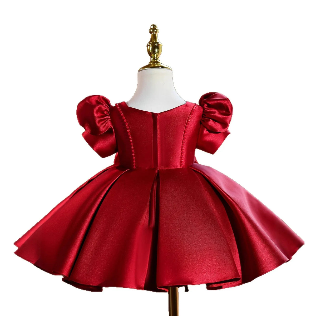 Girls wine red polyester princess party dress for birthdays and evening events, available in 80cm to 150cm height sizes.