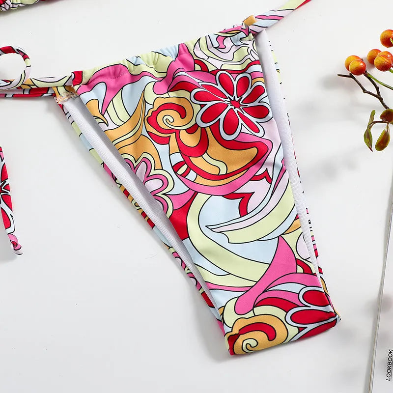 Women's triangle print bikini with hanging neck top and separate system design in multicolour