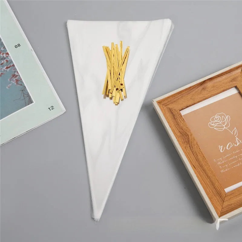 Triangle plastic packaging bag with tie wire closure in clear OPP material