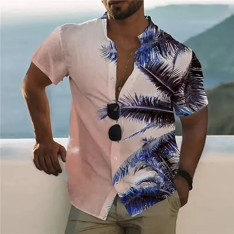Men's loose fit short sleeve shirt with a colourful floral print, laid flat.