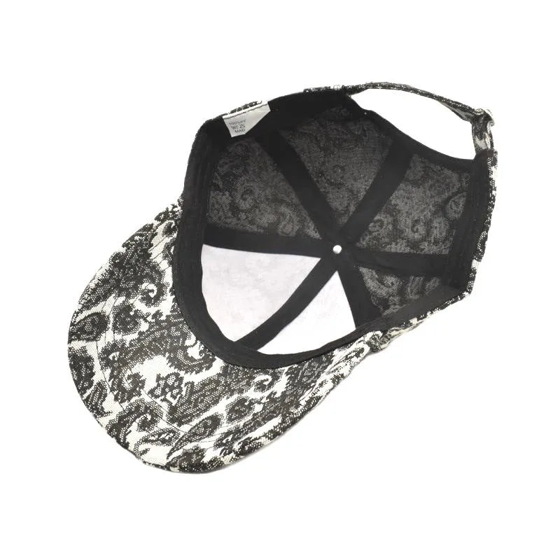 Polyester baseball cap with paisley pattern print in blue colour showing dome crown style