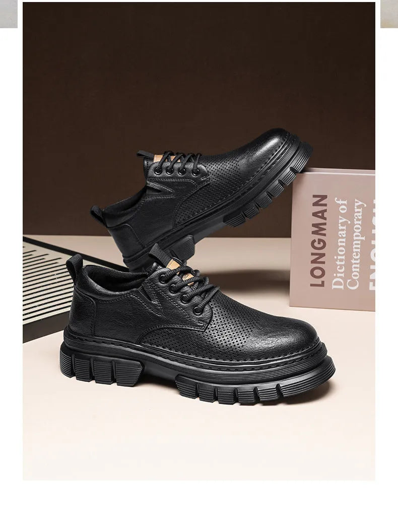 Men's black and brown genuine leather platform lace-up shoes with a low rubber sole.