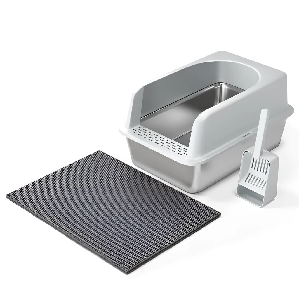 Stainless steel cat litter box with double layer pad and scoop, 20L, available in five colours