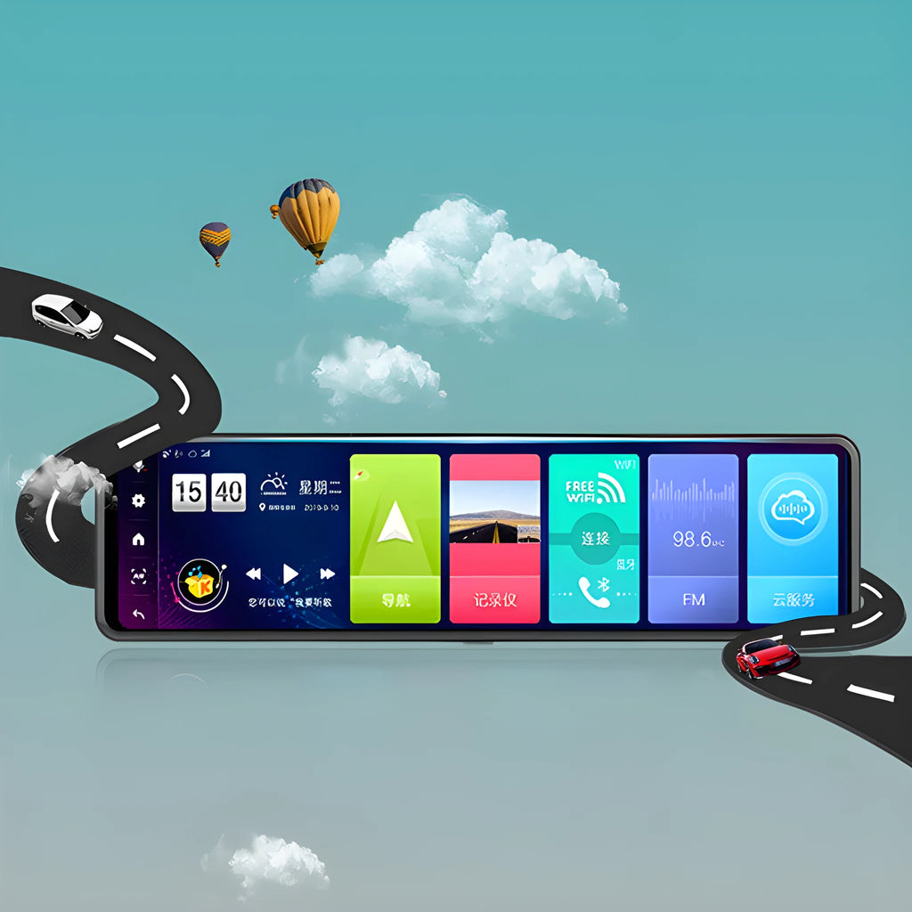 Black dual-channel car dash camera mounted as rearview mirror with touch screen and wide-angle lens