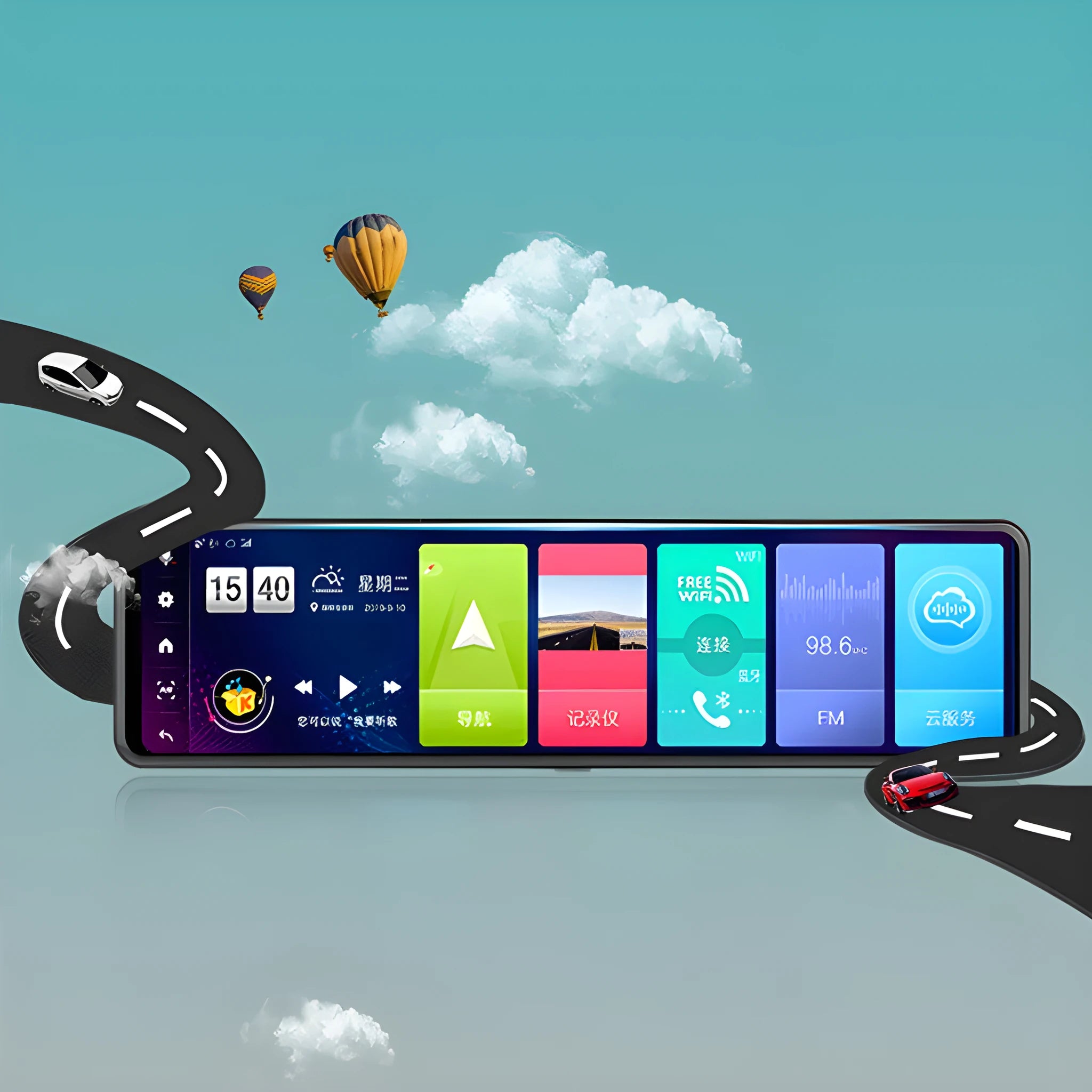 Black dual-channel car dash camera mounted as rearview mirror with touch screen and wide-angle lens