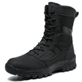 Men's black high-top Martin boots with mesh upper and totem design, size 42 on wooden floor