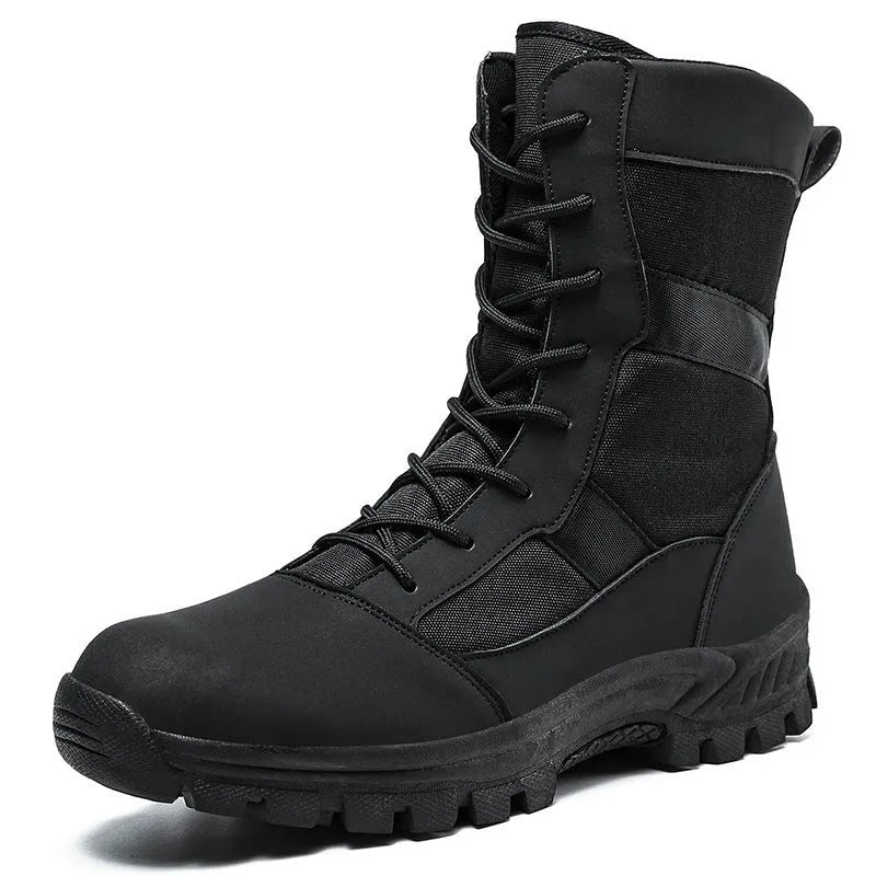 Men's black high-top Martin boots with mesh upper and totem design, size 42 on wooden floor