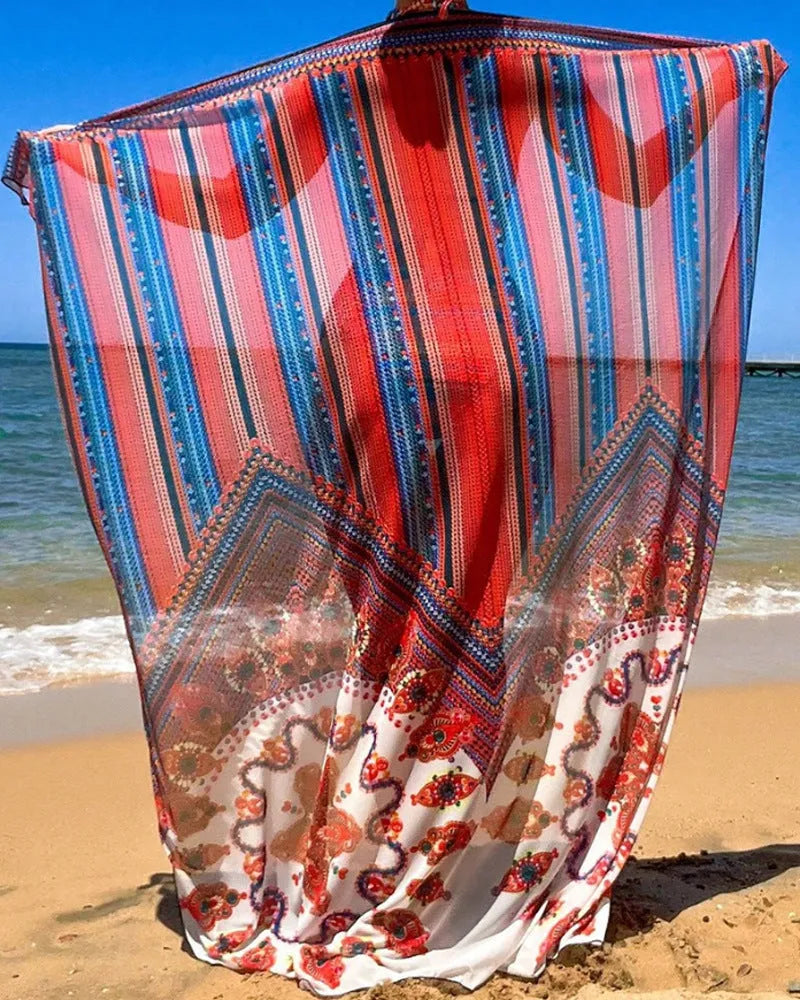Women's three-piece swimsuit set with cutout blouse, high-waist pants, and coordinating coat in polyester fabric