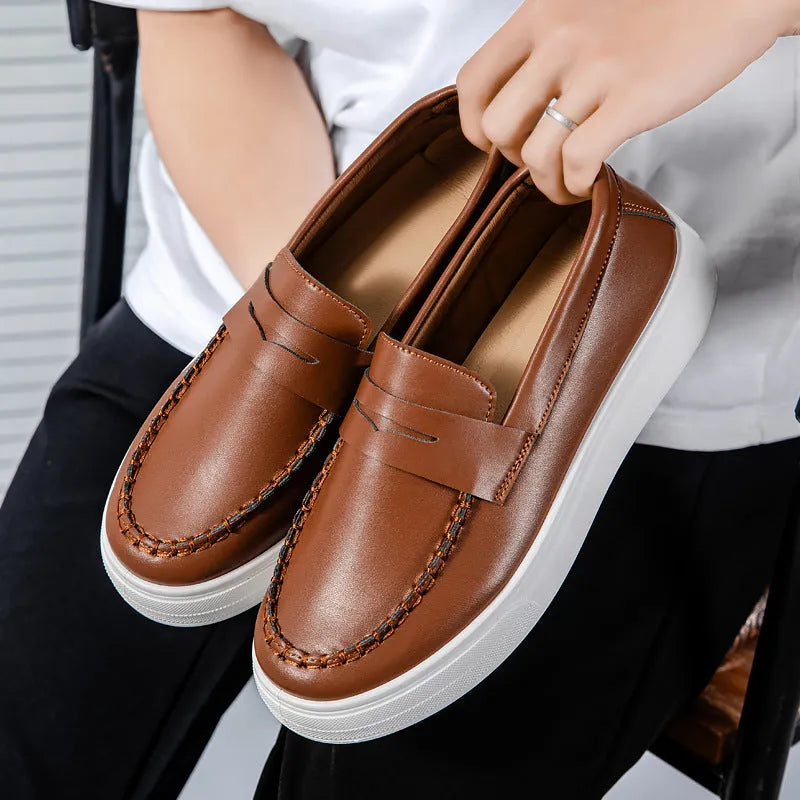 British style casual leather shoes in artificial PU with round toe design in white, black and white, or khaki