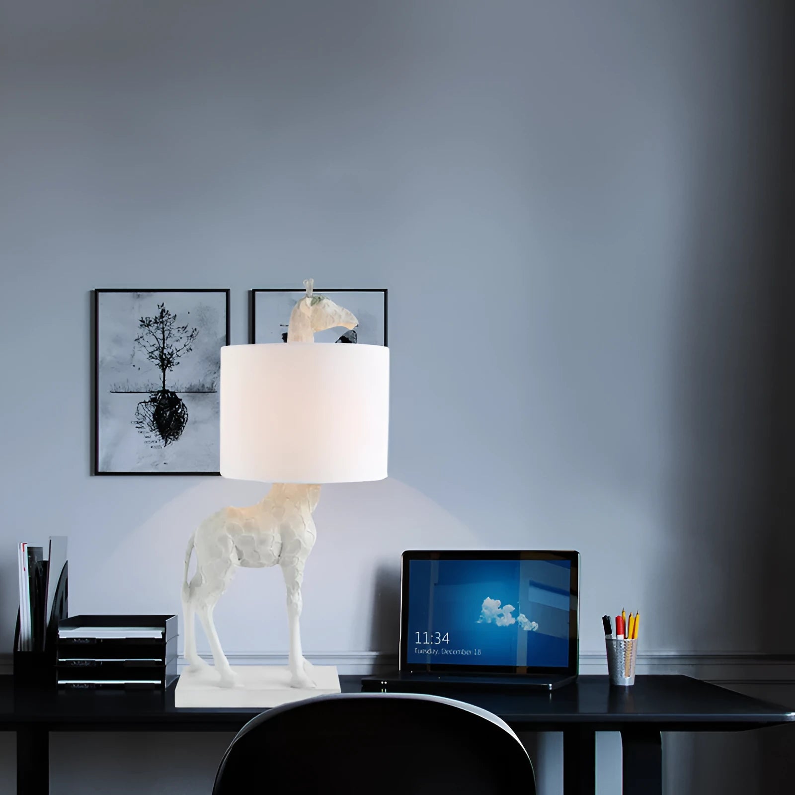 White or gold giraffe table lamp 66cm tall with fabric shade