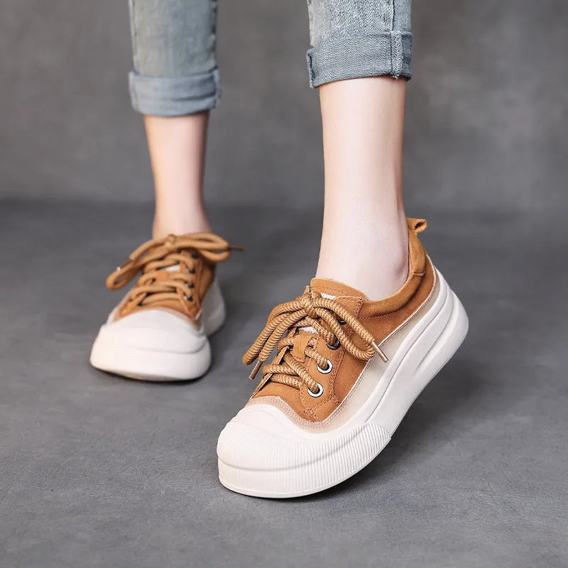 Women's yellow full grain cow leather lace-up casual shoes with round toe and rubber sole.