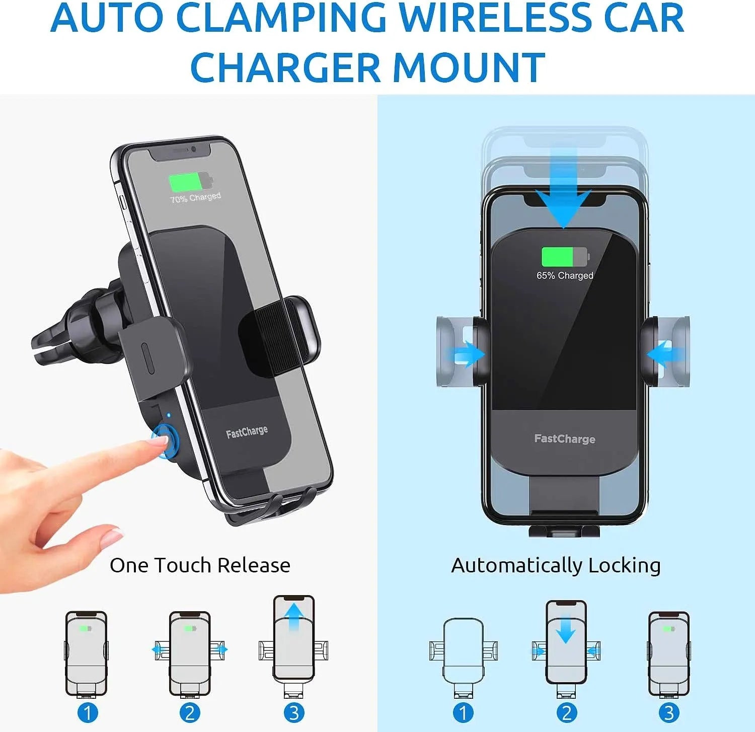 Black car wireless charging stand mounted to dashboard with 15W fast charging for smartphones