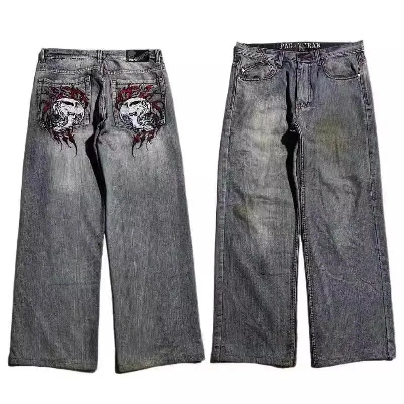 Men's grey wide-leg jeans with straight-leg design and washed-out finish for retro workwear style