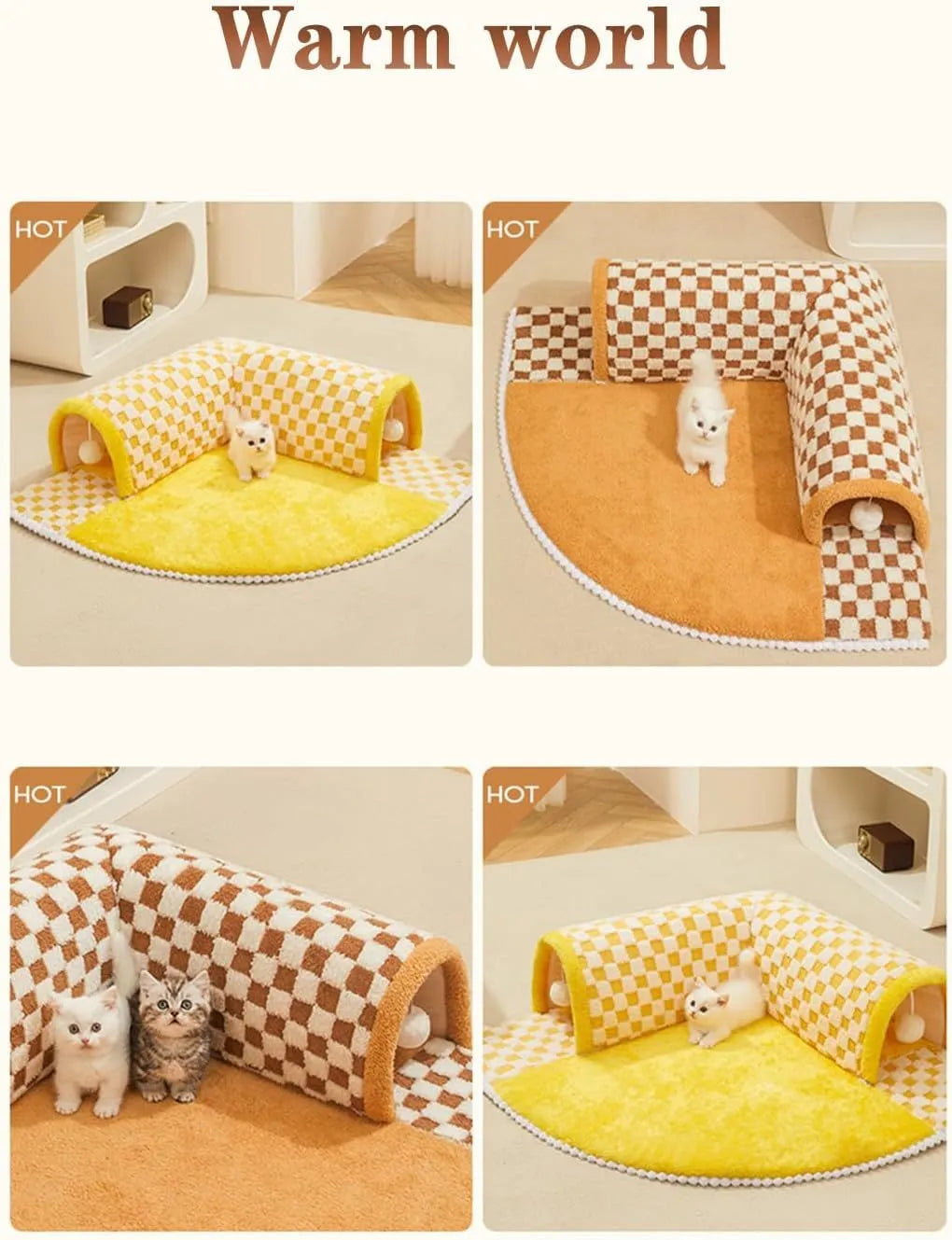 Brown plaid cat tunnel bed with central mat showing non-slip bottom and collapsible tunnel design