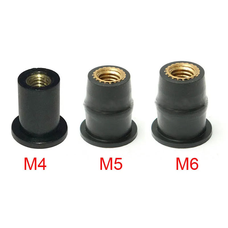 Pack of 10 black rubber brass well nut fasteners for motorcycle windshields in M4, M5, and M6 sizes.