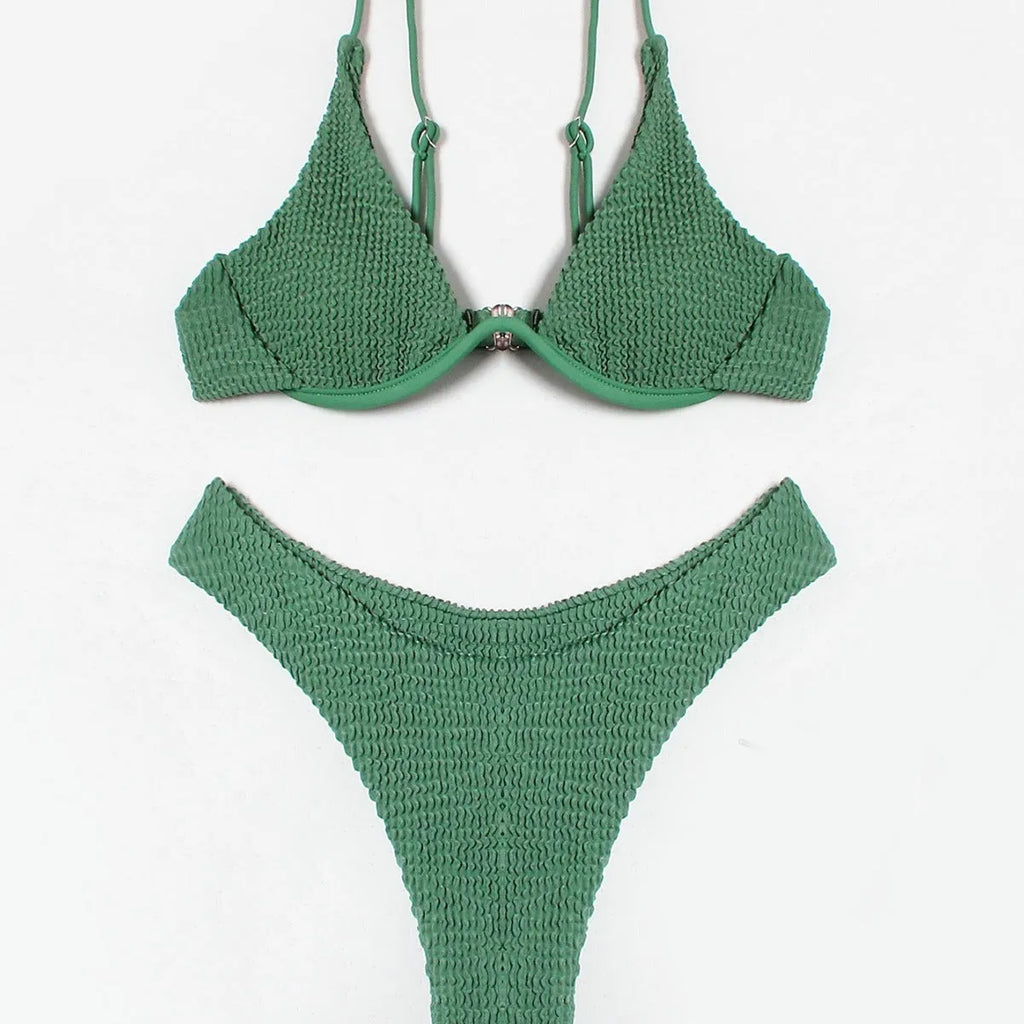 Green solid colour women's bikini with ruffle detail on top and briefs bottoms