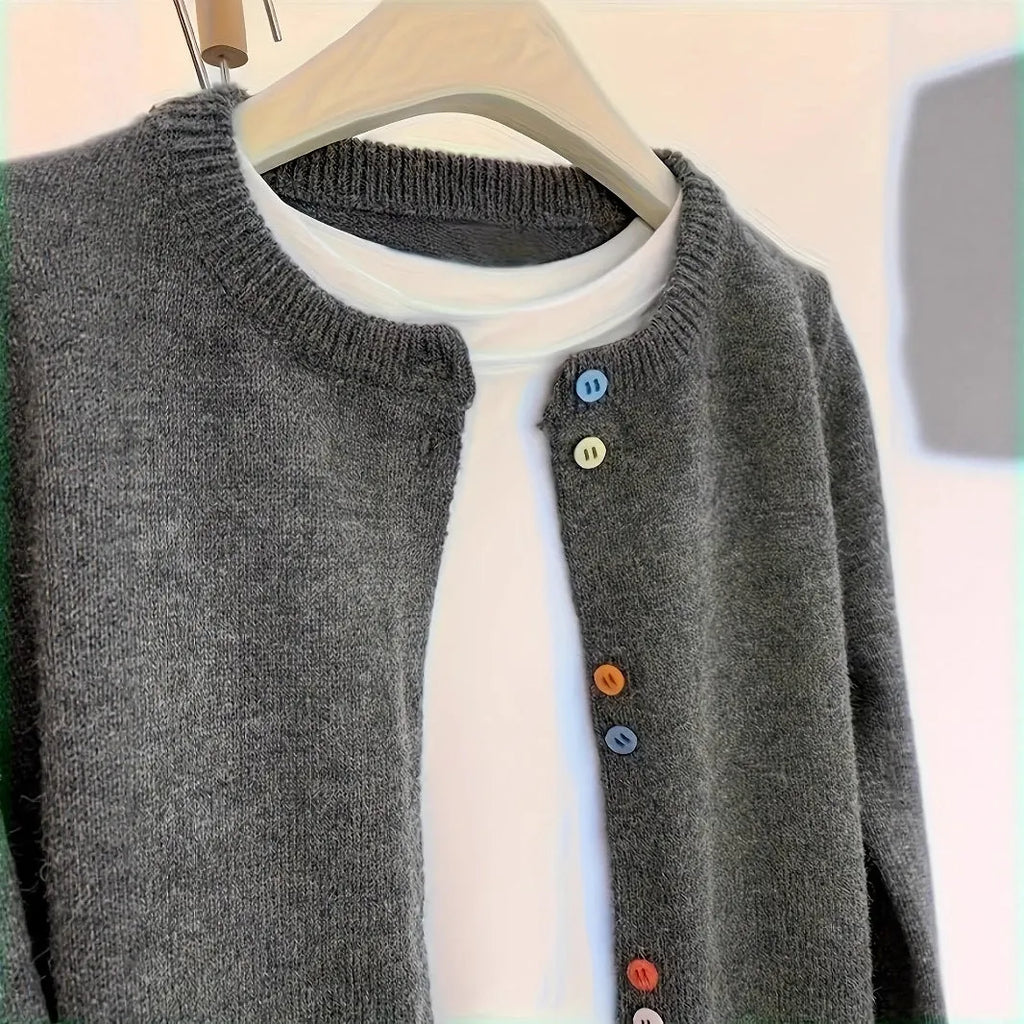 Women's dark grey button-front polyester cardigan with 50cm length and long sleeves for commuter wear