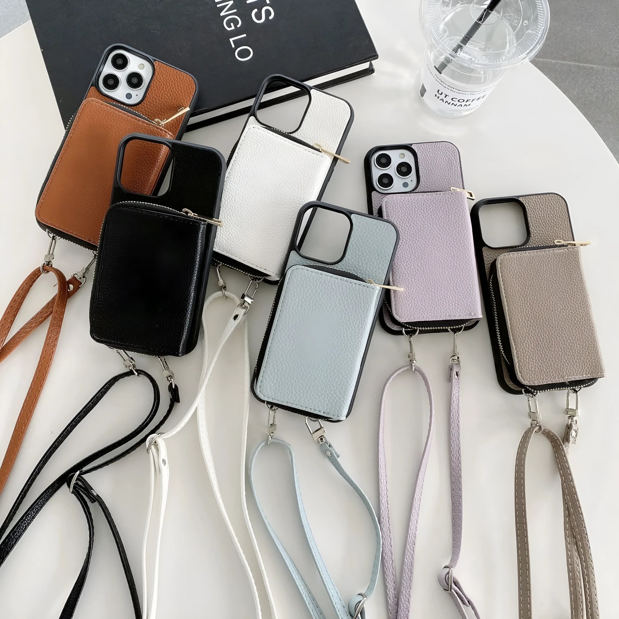 Litchi patterned iPhone protective case in PC and leather showing colour options.