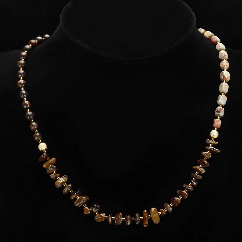 Handmade geometric bracelet made of Tigereye and bronze with bent wire texture, brown colour 3793.