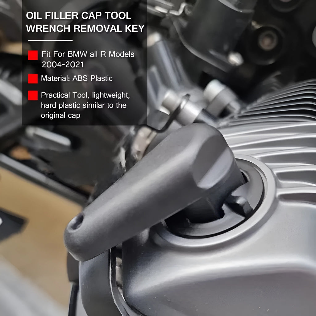Black nylon quick-release wrench for BMW motorcycle oil filler cap removal.