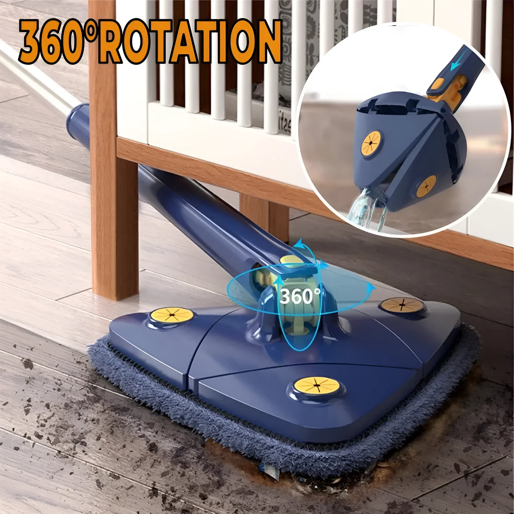 Extendable blue triangle mop with rotating head and stainless steel pole for floor and wall cleaning.